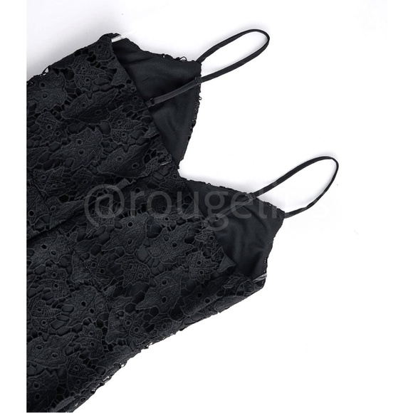 Black Guipure Lace Bodycon Dress Cami V-Neck Knee to Midi - Picture 7 of 12